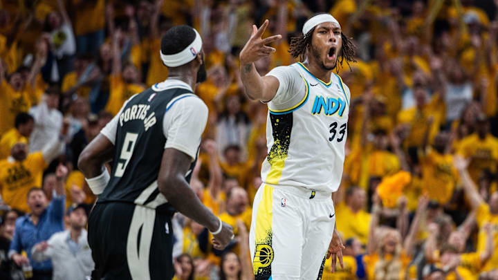 Apr 29, 2025; Indianapolis, Indiana, USA; Indiana Pacers center Myles Turner (33) celebrates a made basket during game five of the first round for the 2024 NBA Playoffs against the Milwaukee Bucks at Gainbridge Fieldhouse. Mandatory Credit: Trevor Ruszkowski-Imagn Images Apr 29, 2025; Indianapolis, Indiana, USA; Indiana Pacers center Myles Turner (33) celebrates a made basket during game five of the first round for the 2024 NBA Playoffs against the Milwaukee Bucks at Gainbridge Fieldhouse. Mandatory Credit: Trevor Ruszkowski-Imagn Images