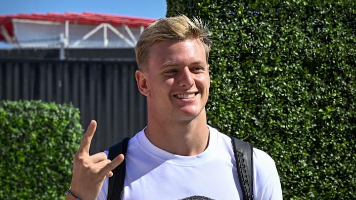 Oct 21, 2022; Austin, Texas, USA; Haas F1 Team driver Mick Schumacher (47) arrives for practice for the U.S. Grand Prix at the Circuit of the Americas. Mandatory Credit: Jerome Miron-USA TODAY Sports