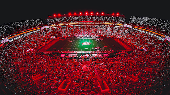 Bryant-Denny Stadium lit up with red lights