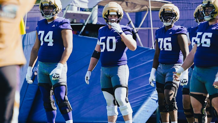 Carver Willis (50) waits for the next rep with Drew Azzopardi (74), Elishah Jackett (76) and Geirean Hatchett (56). 