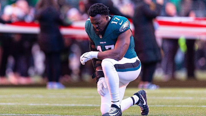 Dec 15, 2024; Philadelphia, Pennsylvania, USA; Philadelphia Eagles linebacker Nakobe Dean (17) before action against the Pittsburgh Steelers at Lincoln Financial Field. Mandatory Credit: Bill Streicher-Imagn Images