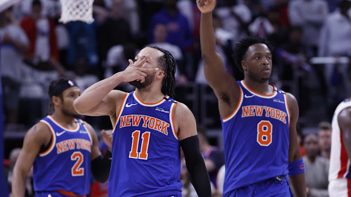 May 1, 2025; Detroit, Michigan, USA; New York Knicks guard Jalen Brunson (11) celebrates his three point basket in the fourth quarter against the Detroit Pistons during game six of first round for the 2024 NBA Playoffs at Little Caesars Arena. Mandatory Credit: Rick Osentoski-Imagn Images