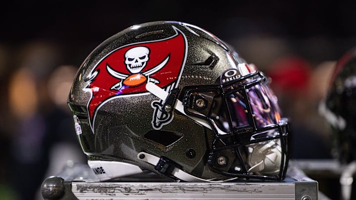 Oct 13, 2024; New Orleans, Louisiana, USA;  Detailed view of the Tampa Bay Buccaneers helmet against the New Orleans Saints during the first half at Caesars Superdome. Mandatory Credit: Stephen Lew-Imagn Images