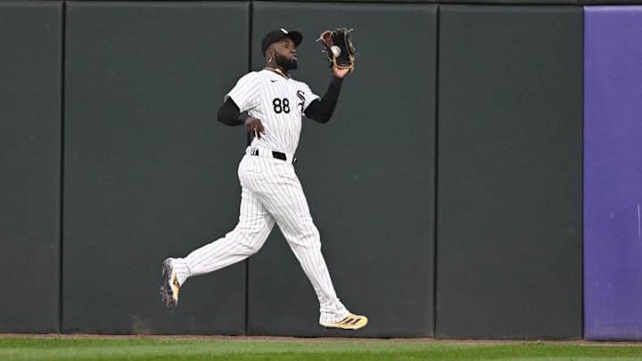 Sep 13, 2024; Chicago, Illinois, USA;  Chicago White Sox outfielder Luis Robert Jr. (88) catches a fly ball hit by Oakland Athletics outfielder Brent Rooker (not pictured) during the first inning at Guaranteed Rate Field.