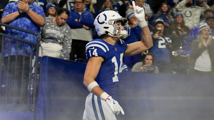 Indianapolis Colts wide receiver Alec Pierce (14) takes the field Sunday, Jan. 5, 2025, before a game against the Jacksonville Jaguars at Lucas Oil Stadium in Indianapolis. Indianapolis Colts wide receiver Alec Pierce (14) takes the field Sunday, Jan. 5, 2025, before a game against the Jacksonville Jaguars at Lucas Oil Stadium in Indianapolis.