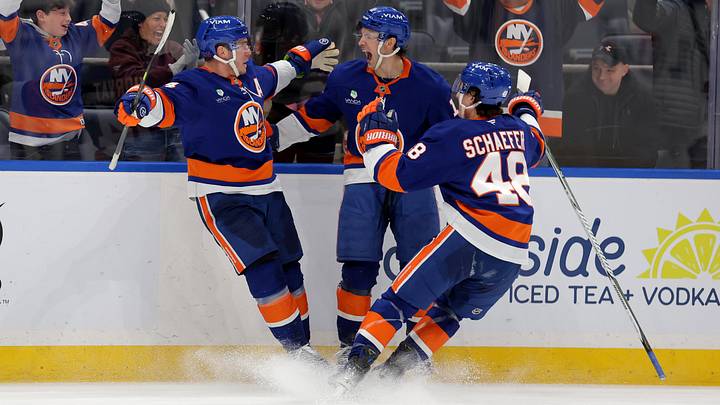 New York Islanders players Bo Horvat, Mathew Barzal and Matthew Schaefer