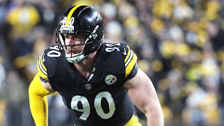 Jan 12, 2026; Pittsburgh, PA, USA;  Pittsburgh Steelers linebacker T.J. Watt (90) in action against the Houston Texans during the second quarter in an AFC Wild Card Round game at Acrisure Stadium. Mandatory Credit: Charles LeClaire-Imagn Images