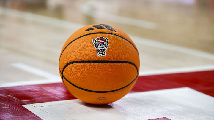 Jan 17, 2026; Raleigh, North Carolina, USA; NC State Wolfpack ball during the second half of the game against the Georgia Tech Yellow Jackets at the Lenovo Center. Mandatory Credit: Jaylynn Nash-Imagn Images