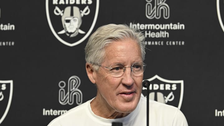 Apr 25, 2025; Henderson, NV, USA; Las Vegas Raiders head coach Pete Carroll at a news conference introducing Ashton Jeanty as the first round draft pick in the 2025 NFL Draft at Intermountain Health Performance Center. Mandatory Credit: Candice Ward-Imagn Images Apr 25, 2025; Henderson, NV, USA; Las Vegas Raiders head coach Pete Carroll at a news conference introducing Ashton Jeanty as the first round draft pick in the 2025 NFL Draft at Intermountain Health Performance Center. Mandatory Credit: Candice Ward-Imagn Images