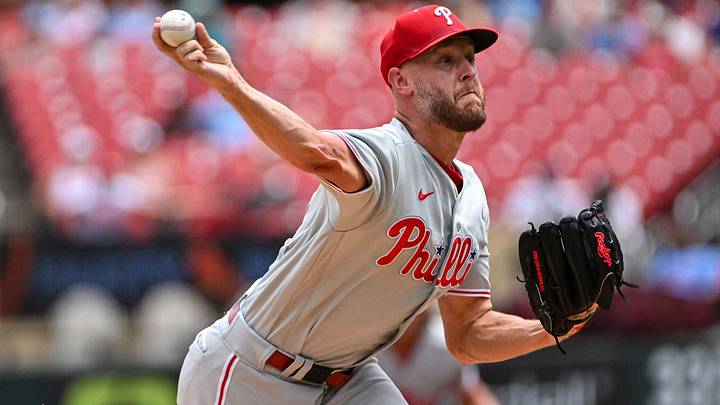 Aug 12, 2026; St. Louis, Missouri, USA; Philadelphia Phillies starting pitcher Zack Wheeler (45) throws against the St. Louis Cardinals during the first inning at Busch Stadium. Mandatory Credit: Jeff Curry-Imagn Images