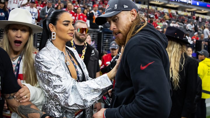 San Francisco 49ers tight end George Kittle (right) with wife Claire Kittle prior to the game against the Kansas City Chiefs in Super Bowl LVIII at Allegiant Stadium.
