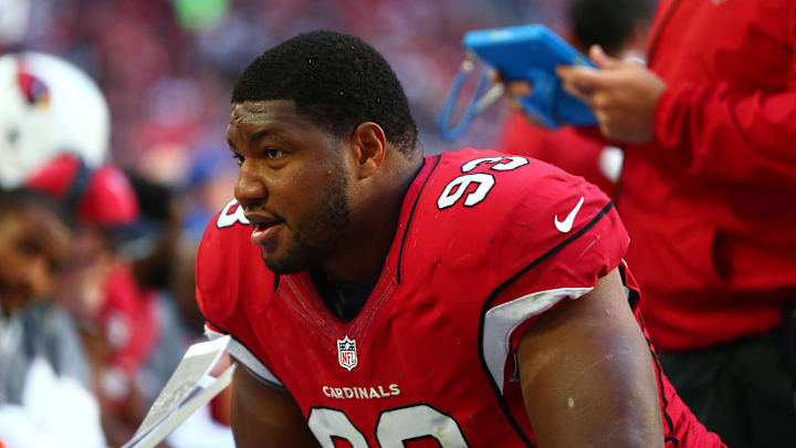 Dec 18, 2016; Glendale, AZ, USA; Arizona Cardinals defensive tackle Calais Campbell against the New Orleans Saints at University of Phoenix Stadium. The Saints defeated the Cardinals 48-41. Mandatory Credit: Mark J. Rebilas-Imagn Images