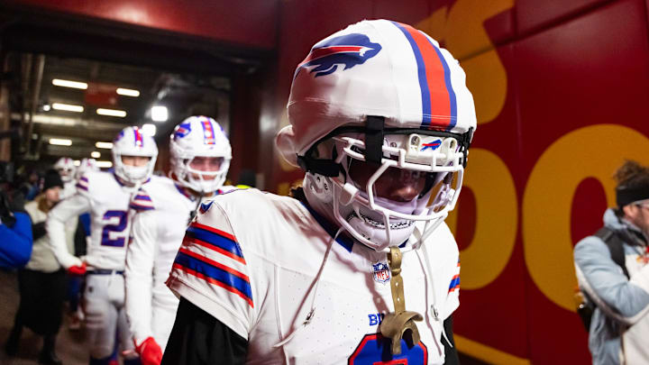 Buffalo Bills safety Damar Hamlin wears a Guardian Cap before taking the field against the Kansas City Chiefs in the AFC championship game.