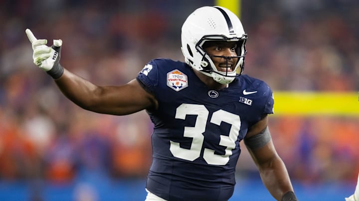 Dec 31, 2024; Glendale, AZ, USA; Penn State Nittany Lions defensive end Dani Dennis-Sutton (33) against the Boise State Broncos during the Fiesta Bowl at State Farm Stadium. Mandatory Credit: Mark J. Rebilas-Imagn Images
