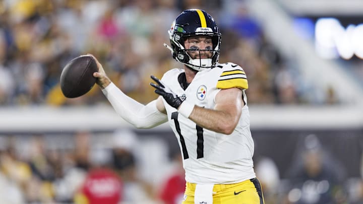 Aug 9, 2025; Jacksonville, Florida, USA; Pittsburgh Steelers quarterback Skylar Thompson (17) throws the ball against the Jacksonville Jaguars during the second quarter at EverBank Stadium. Mandatory Credit: Morgan Tencza-Imagn Images