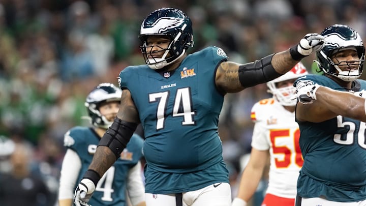 Feb 9, 2025; New Orleans, LA, USA; Philadelphia Eagles  offensive tackle Fred Johnson (74) against the Kansas City Chiefs during Super Bowl LIX at Ceasars Superdome.
