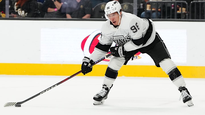 Mar 9, 2025; Las Vegas, Nevada, USA; Los Angeles Kings left wing Andrei Kuzmenko (96) skates against the Vegas Golden Knights during the first period at T-Mobile Arena. Mandatory Credit: Stephen R. Sylvanie-Imagn Images