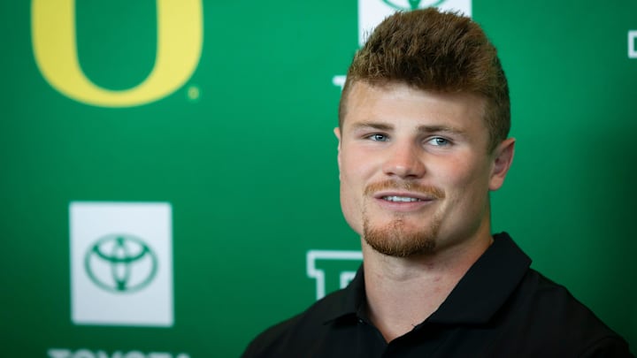 Oregon’s Bryce Boettcher speaks during Oregon football’s media day Monday, July 29, 2024 at Autzen Stadium in Eugene, Ore.