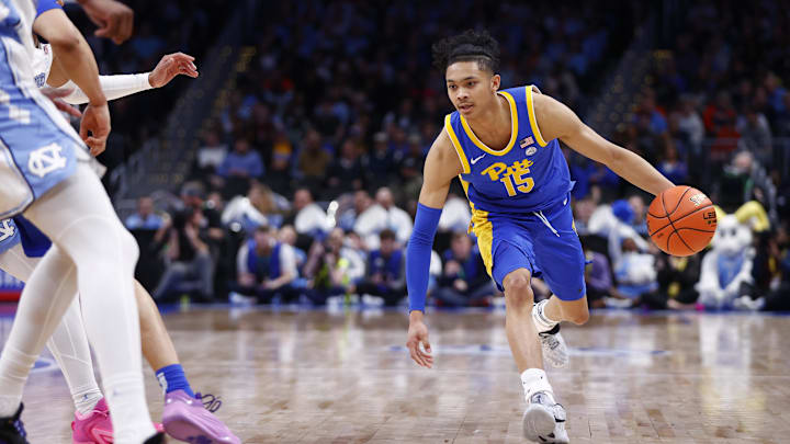 Mar 15, 2024; Washington, D.C., USA; Pittsburgh Panthers guard Jaland Lowe (15) controls the ball against the North Carolina Tar Heels during the second half at Capital One Arena. Mandatory Credit: Amber Searls-Imagn Images