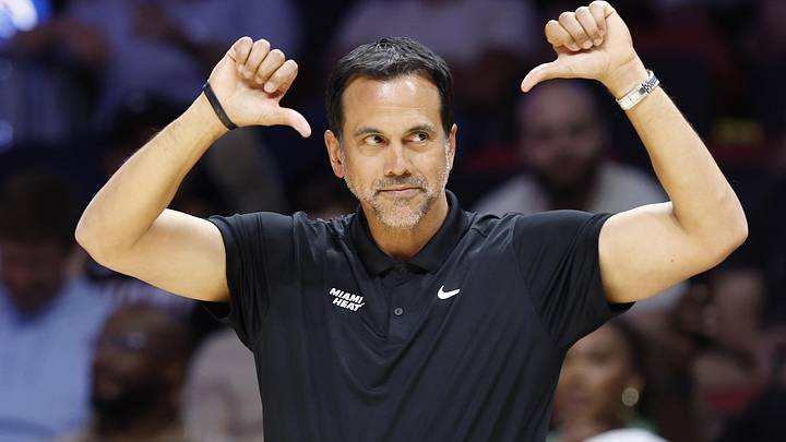Miami Heat head coach Erik Spoelstra reacts (Mandatory Credit: Rhona Wise-Imagn Images)