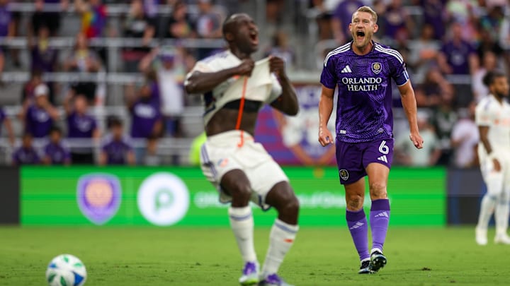 Jun 28, 2025; Orlando, Florida, USA; Orlando City defender Robin Jansson (6) reacts after a foul by FC Cincinnati forward Kevin Denkey (9) in the first half at Inter&Co Stadium. Mandatory Credit: Nathan Ray Seebeck-Imagn Images