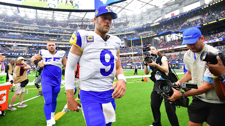 Sep 22, 2024; Inglewood, California, USA; Los Angeles Rams quarterback Matthew Stafford (9) reacts following the victory against the San Francisco 49ers at SoFi Stadium. Mandatory Credit: Gary A. Vasquez-Imagn Images