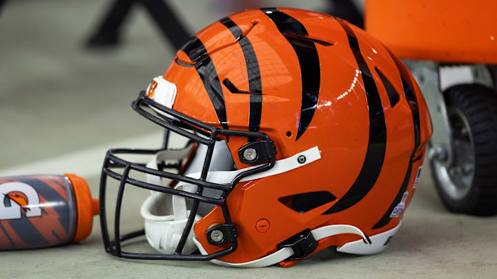 Oct 8, 2023; Glendale, Arizona, USA; Detailed view of a Cincinnati Bengals helmet at State Farm Stadium.  