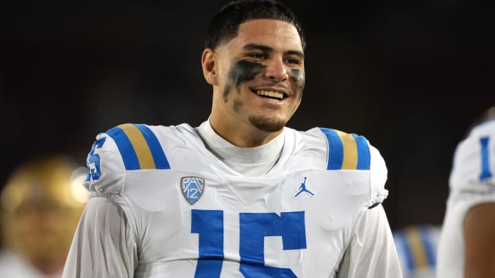 Oct 21, 2023; Stanford, California, USA; UCLA Bruins defensive lineman Laiatu Latu (15) walks on the Oct 21, 2023; Stanford, California, USA; UCLA Bruins defensive lineman Laiatu Latu (15) walks on the