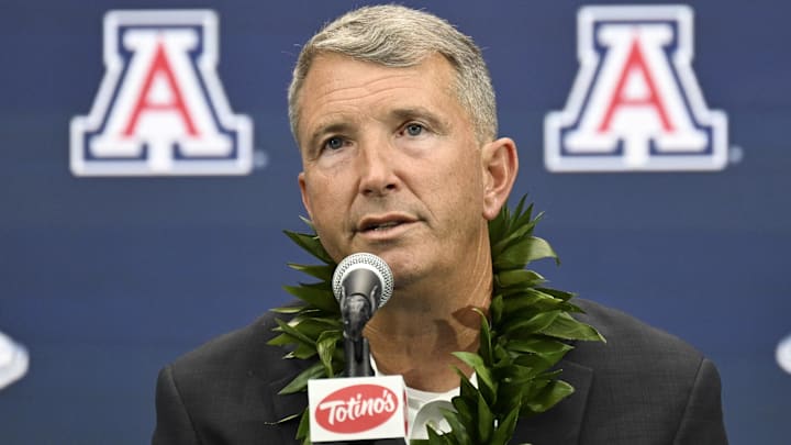 Jul 10, 2024; Las Vegas, NV, USA; Arizona Wildcats head coach Brent Brennan speaks to the media during the Big 12 Media Days at Allegiant Stadium
