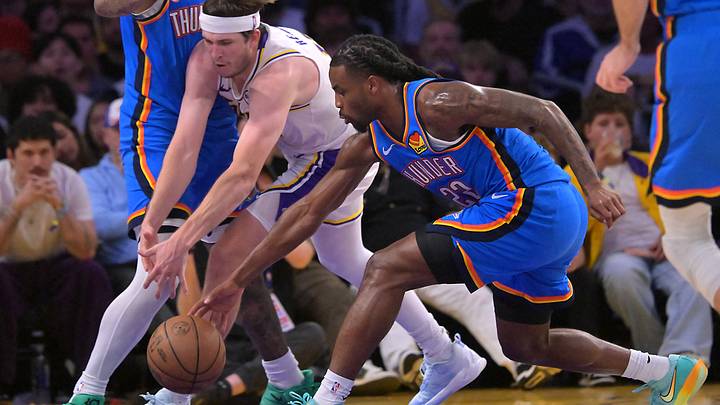 May 9, 2026; Los Angeles, California, USA; Oklahoma City Thunder guard Cason Wallace (22) steals the ball from Los Angeles Lakers guard Austin Reaves (15) in the second half of game three of the second round of the 2026 NBA Playoffs at Crypto.com Arena. Mandatory Credit: Jayne Kamin-Oncea-Imagn Images May 9, 2026; Los Angeles, California, USA; Oklahoma City Thunder guard Cason Wallace (22) steals the ball from Los Angeles Lakers guard Austin Reaves (15) in the second half of game three of the second round of the 2026 NBA Playoffs at Crypto.com Arena. Mandatory Credit: Jayne Kamin-Oncea-Imagn Images