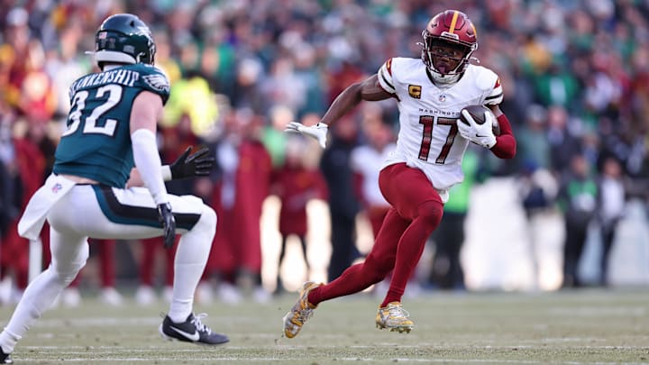 Jan 26, 2025; Philadelphia, PA, USA; Washington Commanders wide receiver Terry McLaurin (17) runs with the ball for a touchdown against the Philadelphia Eagles during the first half in the NFC Championship game at Lincoln Financial Field. Mandatory Credit: Bill Streicher-Imagn Images