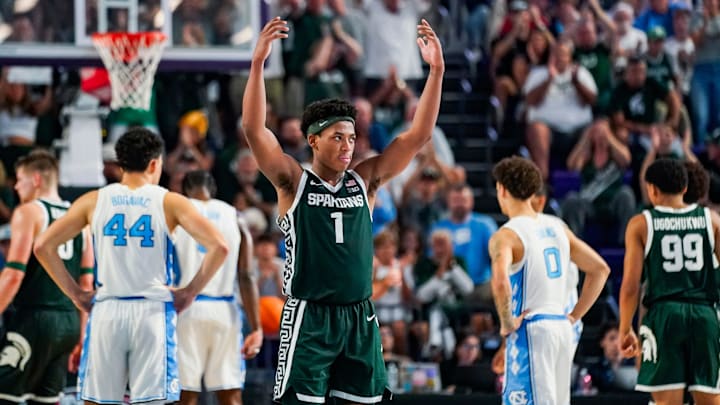 Michigan State Spartans guard Jeremy Fears Jr. (1) hypes up the crowd during the second half of the Fort Myers Tip-Off Beach Division game against the North Carolina Tar Heels at Suncoast Credit Union Arena on Fort Myers, Fla., on Thursday, Nov. 27, 2025. Michigan State Spartans guard Jeremy Fears Jr. (1) hypes up the crowd during the second half of the Fort Myers Tip-Off Beach Division game against the North Carolina Tar Heels at Suncoast Credit Union Arena on Fort Myers, Fla., on Thursday, Nov. 27, 2025.