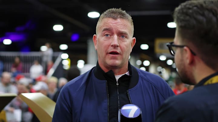 Jan 18, 2025; Atlanta, GA, USA; Kirk Herbstreit talks to the media during 2025 CFP National Championship Media Day at Georgia World Congress Center, Building A. Mandatory Credit: Brett Davis-Imagn Images