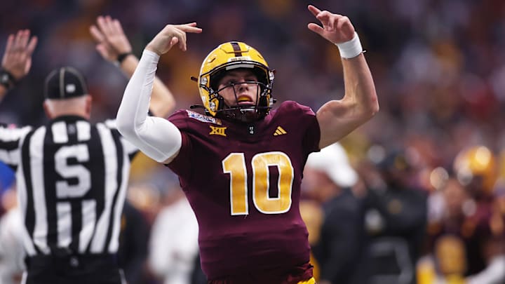 Jan 1, 2025; Atlanta, GA, USA; Arizona State Sun Devils quarterback Sam Leavitt (10) reacts after a play against the Texas Longhorns during the second half of the Peach Bowl at Mercedes-Benz Stadium. Mandatory Credit: Brett Davis-Imagn Images