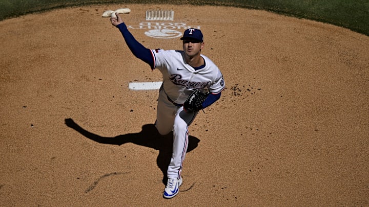 Sep 25, 2025; Arlington, Texas, USA; Texas Rangers starting pitcher Tyler Mahle (51) throws the ball during the first inning against the Minnesota Twins at Globe Life Field. Mandatory Credit: Jerome Miron-Imagn Images