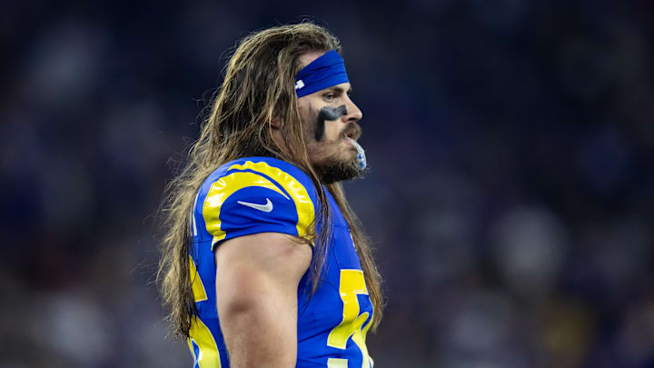 Jan 13, 2025; Glendale, AZ, USA; Los Angeles Rams linebacker Christian Rozeboom (56) against the Minnesota Vikings during an NFC wild card game at State Farm Stadium. Mandatory Credit: Mark J. Rebilas-Imagn Images