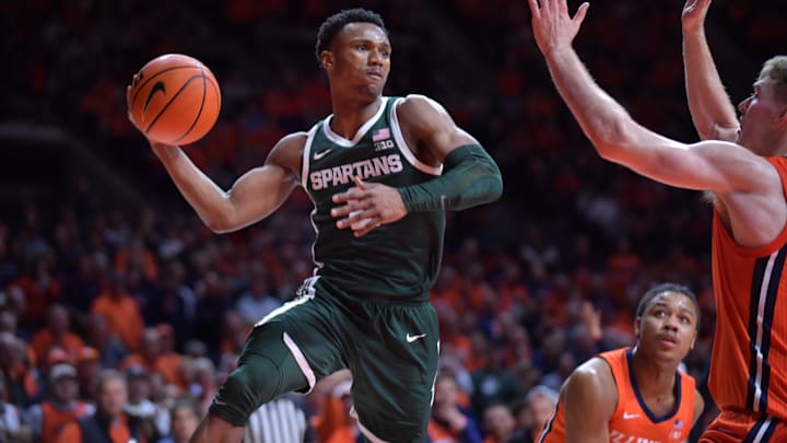 Jan 11, 2024; Champaign, Illinois, USA;  Michigan State Spartans guard Tyson Walker (2) looks to
