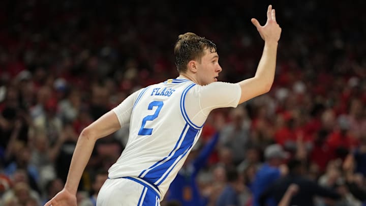 Apr 5, 2025; San Antonio, TX, USA; Duke Blue Devils forward Cooper Flagg (2) reacts after a play against the Houston Cougars during the second half in the semifinals of the men's Final Four of the 2025 NCAA Tournament at the Alamodome. Mandatory Credit: Bob Donnan-Imagn Images