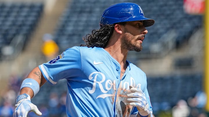 Aug 17, 2025; Kansas City, Missouri, USA; Kansas City Royals second baseman Jonathan India (6) runs the bases against the Chicago White Sox after hitting a two run home run to tie the game in the seventh inning at Kauffman Stadium. Mandatory Credit: Denny Medley-Imagn Images