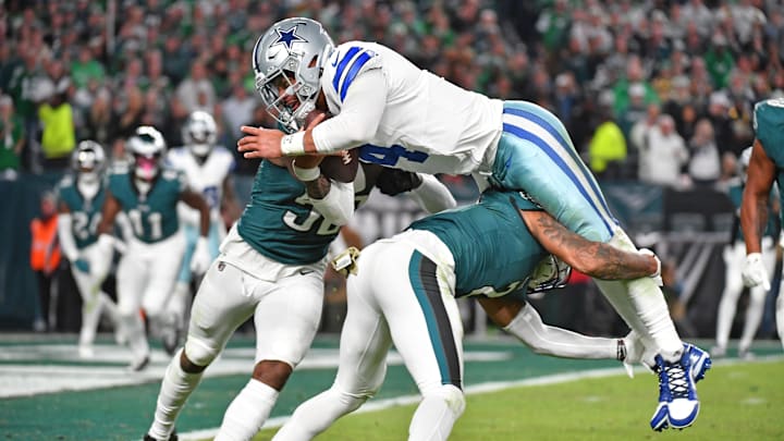 Nov 5, 2023; Philadelphia, Pennsylvania, USA;  Dallas Cowboys quarterback Dak Prescott (4) is