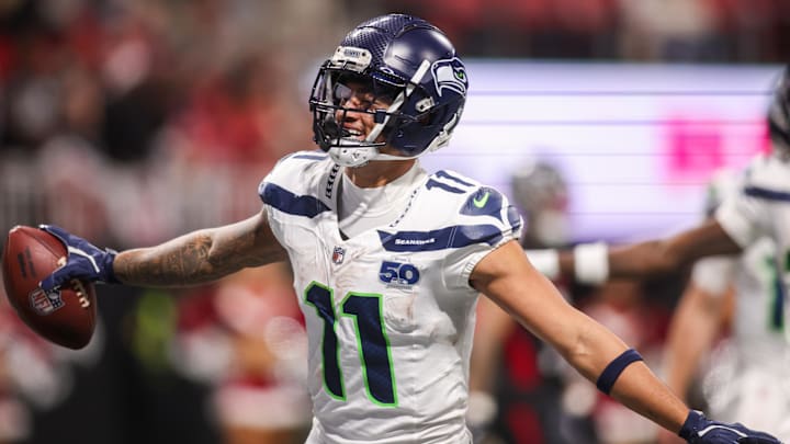 Dec 7, 2025; Atlanta, Georgia, USA; Seattle Seahawks wide receiver Jaxon Smith-Njigba (11) celebrates after a touchdown catch against the Atlanta Falcons in the fourth quarter at Mercedes-Benz Stadium. Mandatory Credit: Brett Davis-Imagn Images