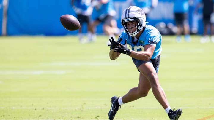 Jul 24, 2025; Charlotte, NC, USA; Carolina Panthers wide receiver Jalen Coker (18) catches a pass during trying camp. Mandatory Credit: Scott Kinser-Imagn Images Jul 24, 2025; Charlotte, NC, USA; Carolina Panthers wide receiver Jalen Coker (18) catches a pass during trying camp. Mandatory Credit: Scott Kinser-Imagn Images