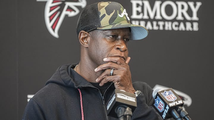 Atlanta Falcons head coach Raheem Morris answers media questions before practice at Children's Healthcare of Atlanta Training Ground.