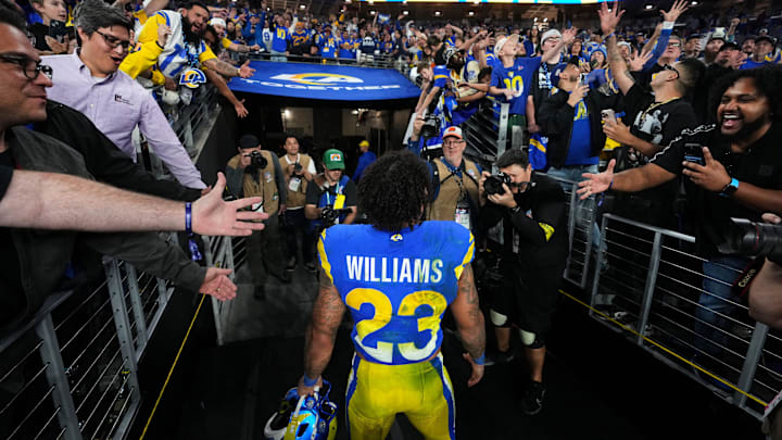 Los Angeles Rams running back Kyren Williams (23) walks off the field after their 27-9 playoff win over the Minnesota Vikings at State Farm Stadium on Jan. 13, 2025, in Glendale. Los Angeles Rams running back Kyren Williams (23) walks off the field after their 27-9 playoff win over the Minnesota Vikings at State Farm Stadium on Jan. 13, 2025, in Glendale.