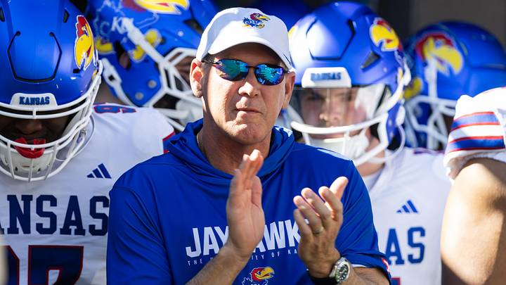 Nov 8, 2025; Tucson, Arizona, USA; Kansas Jayhawks head coach Lance Leipold against the Arizona Wildcats at Arizona Stadium. Mandatory Credit: Mark J. Rebilas-Imagn Images
