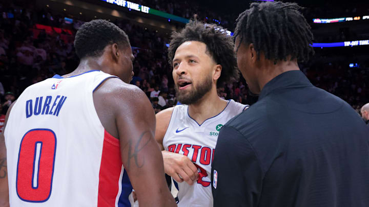 Mar 19, 2025; Miami, Florida, USA; Detroit Pistons guard Cade Cunningham (2) celebrates with center Jalen Duren (0) after the game against the Miami Heat at Kaseya Center. Mandatory Credit: Sam Navarro-Imagn Images