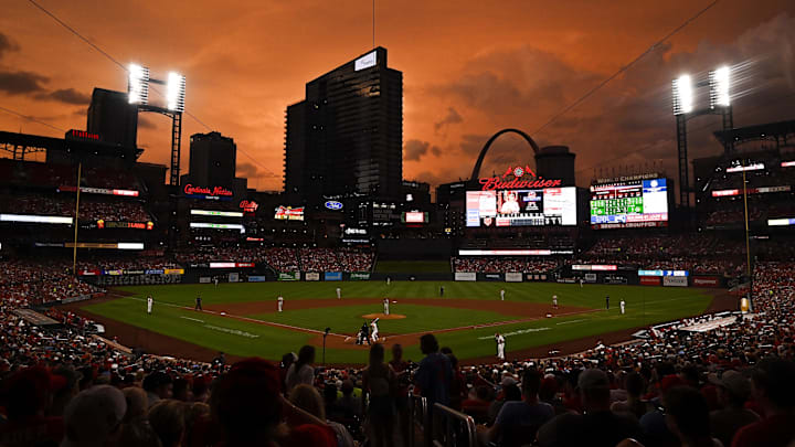 Jul 8, 2022; St. Louis, Missouri, USA;  A general view of Busch Stadium as the sunsets during the second inning of a game between the St. Louis Cardinals and the Philadelphia Phillies. Mandatory Credit: Jeff Curry-Imagn Images