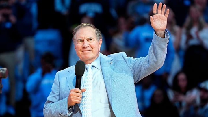 Dec 14, 2024; Chapel Hill, North Carolina, USA; North Carolina Tar Heels head football coach Bill Belichick during half time at Dean E. Smith Center. Mandatory Credit: Bob Donnan-Imagn Images