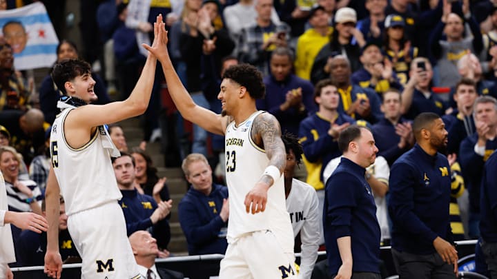 Mar 29, 2026; Chicago, IL, USA; Michigan Wolverines center Aday Mara (15) high fives forward Yaxel Lendeborg (23) in the second half against the Tennessee Volunteers during an Elite Eight game of the Midwest Regional of the men's 2026 NCAA Tournament at United Center. Mandatory Credit: Kamil Krzaczynski-Imagn Images