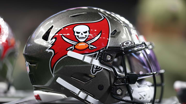 A Tampa Bay Buccaneers helmet is seen on the sidelines prior to a game against the New Orleans Saints